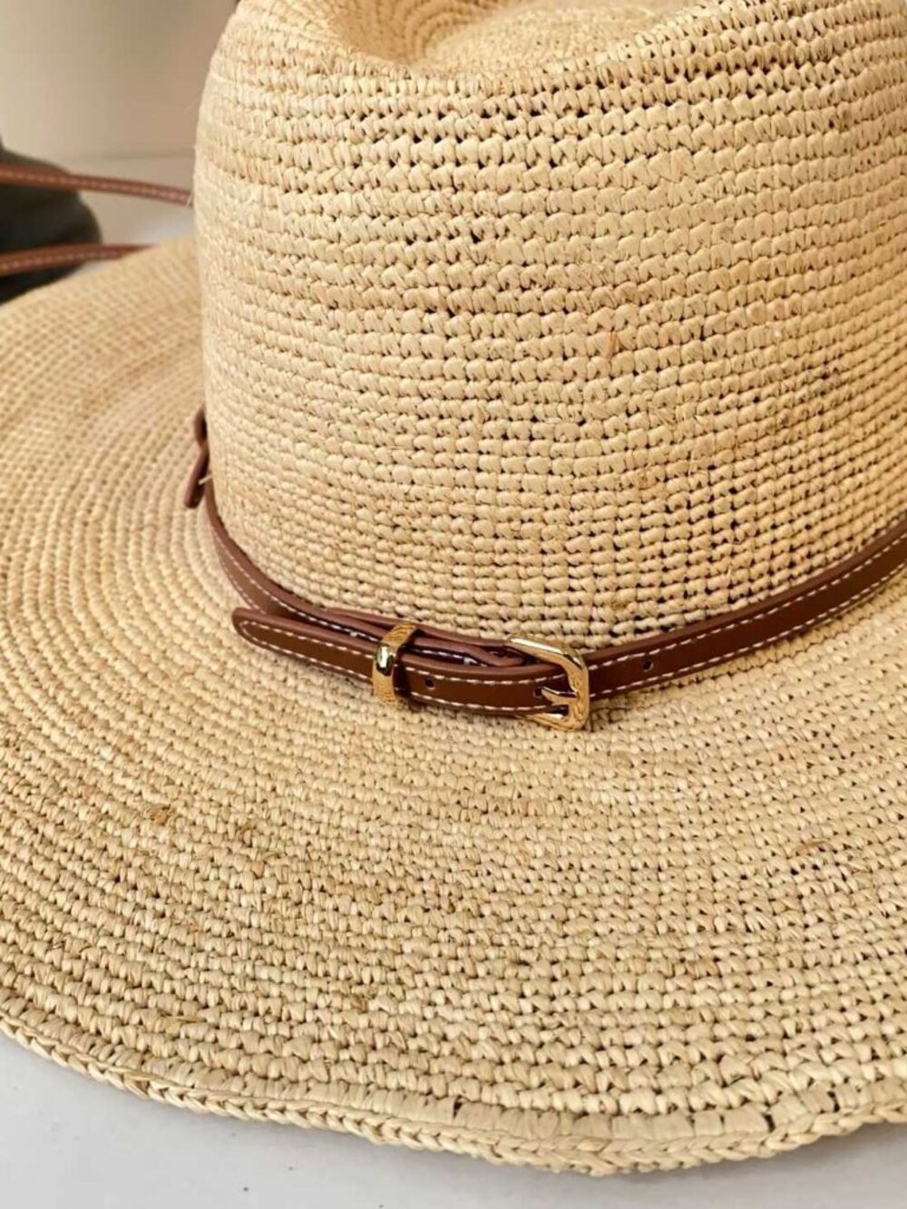 Miu Miu Raffia Wide Brim Cowboy Hat, Red Braided Strap Windproof Straw Sun Hat - Picture 4 of 9
